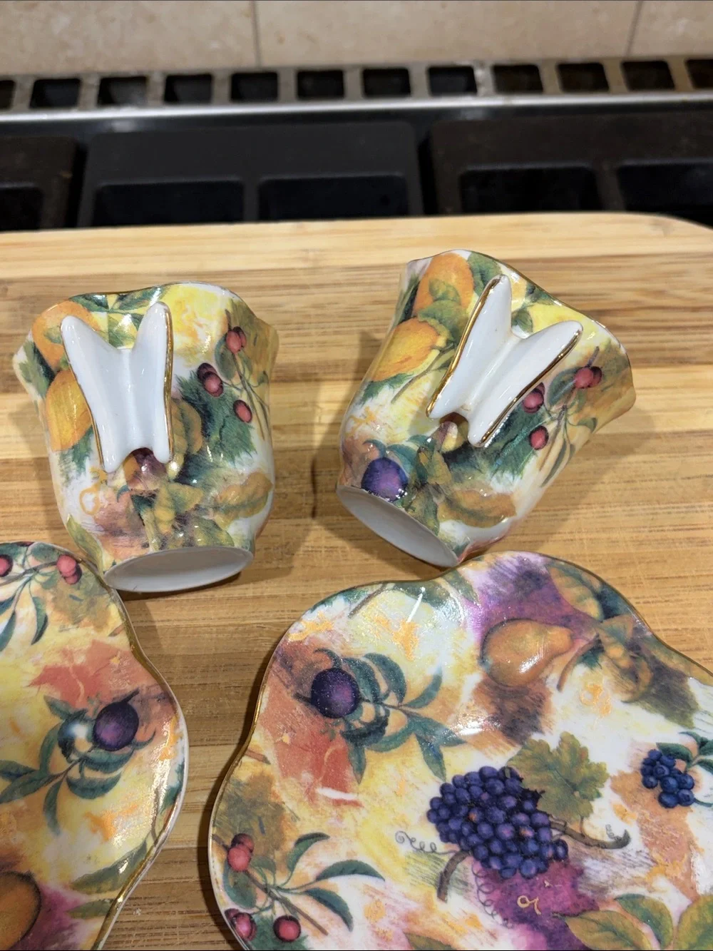 Formalities by Baum Brothers Butterfly Handles Fruit Espresso Cup & Saucer Set 2